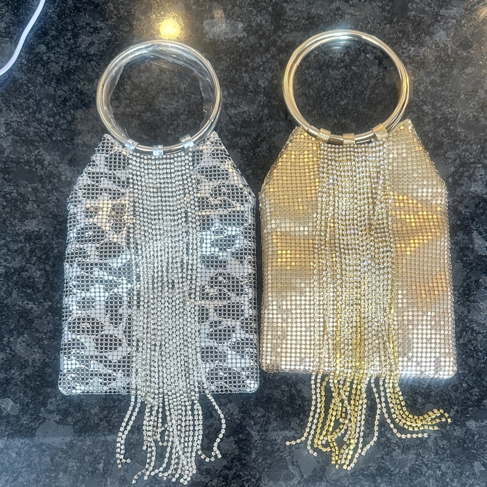 Silver and gold Rhinestone Fringe Ring-Handle Evening Bag